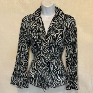 A-183 Apostrophe Black & White Animal Print Ruffled Long Sleeve Blouse Size S‎